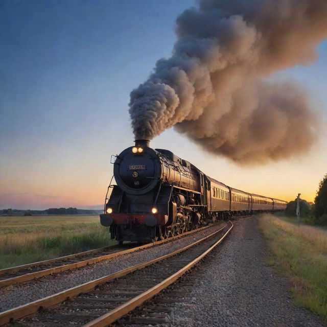 A train curved on a semi-circular track, with its smoke swirling outward in a perfect arc, against the backdrop of an exquisite evening sky