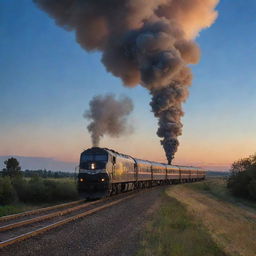 A train curved on a semi-circular track, with its smoke swirling outward in a perfect arc, against the backdrop of an exquisite evening sky