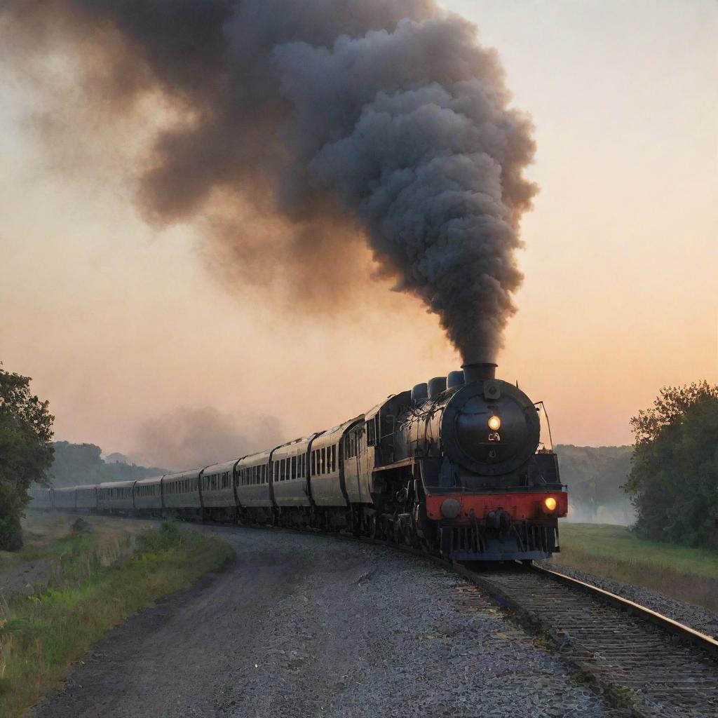 A train taking a turn in the evening with smoke billowing in the same direction as the turn