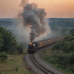 A train taking a turn in the evening with smoke billowing in the same direction as the turn