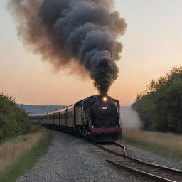 A train taking a turn in the evening with smoke billowing in the same direction as the turn