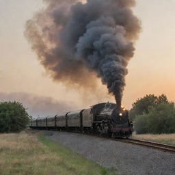 A train taking a turn in the evening with smoke billowing in the same direction as the turn