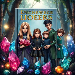 A captivating book cover design featuring a mystical forest setting, surrounded by various sparkling crystals in vibrant colors