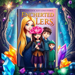 A captivating book cover design featuring a mystical forest setting, surrounded by various sparkling crystals in vibrant colors
