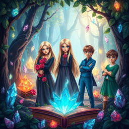 A captivating book cover design featuring a mystical forest filled with various sparkling crystals surrounding the main characters