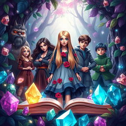 A captivating book cover design featuring a mystical forest filled with various sparkling crystals surrounding the main characters