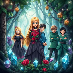 A captivating book cover design featuring a mystical forest filled with various sparkling crystals surrounding the main characters