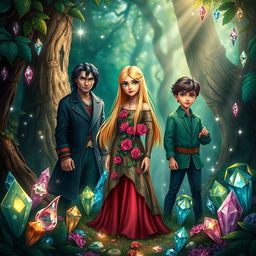 A captivating book cover design featuring a mystical forest filled with various sparkling crystals surrounding the main characters