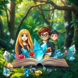 A captivating book cover set in a lush, enchanting forest filled with various sparkling crystals surrounding four main characters