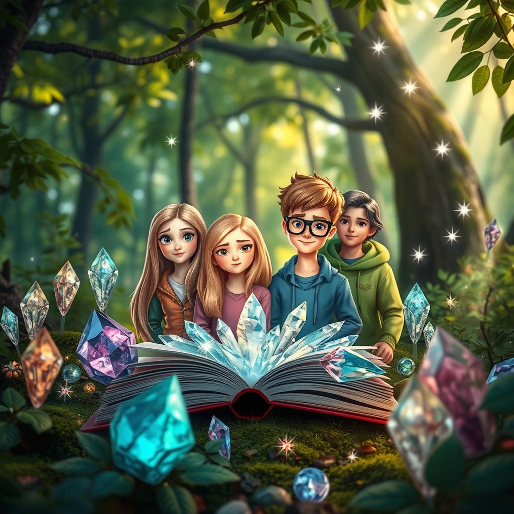 A captivating book cover set in a lush, enchanting forest filled with various sparkling crystals surrounding four main characters