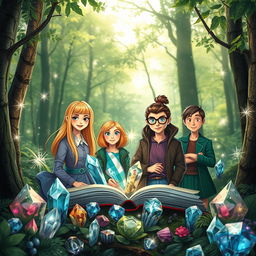 A captivating book cover set in a lush, enchanting forest filled with various sparkling crystals surrounding four main characters