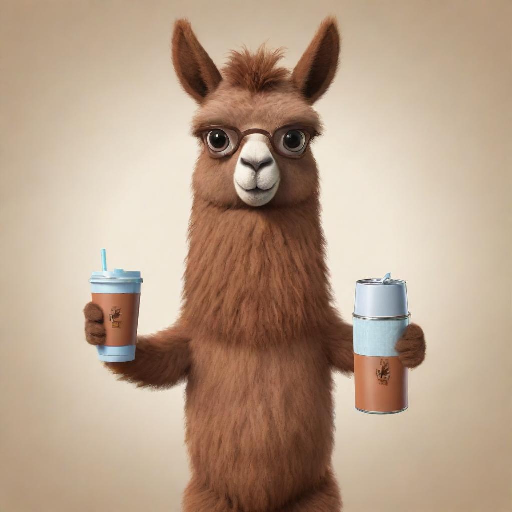 A brown cartoon llama holding an imperial mate and a thermos