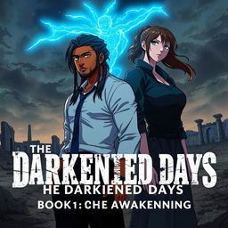 A cover for 'The Darkened Days: Book 1 – The Awakening' in anime style, featuring Mack, a rugged and lean mixed-race man in his 30s, with long locs partially covering his face, standing further in the distance against a massive-scale desolate landscape