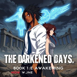 A cover for 'The Darkened Days: Book 1 – The Awakening' in anime style, featuring Mack, a rugged and lean mixed-race man in his 30s, with long locs partially covering his face, standing further in the distance against a massive-scale desolate landscape