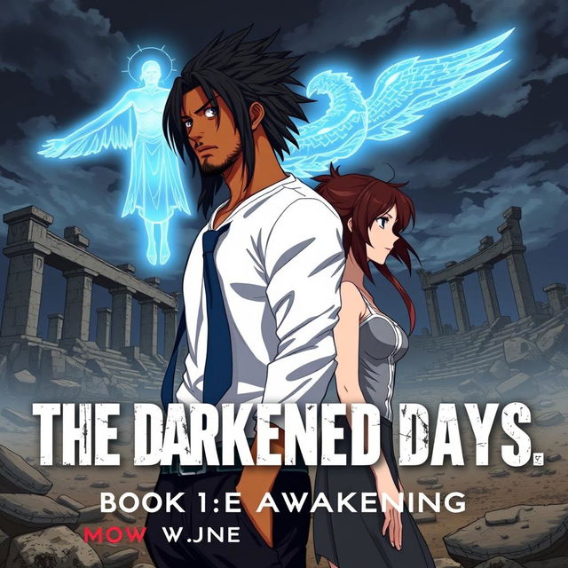 A cover for 'The Darkened Days: Book 1 – The Awakening' in anime style, featuring Mack, a rugged and lean mixed-race man in his 30s, with long locs partially covering his face, standing further in the distance against a massive-scale desolate landscape