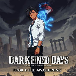 A cover for 'The Darkened Days: Book 1 – The Awakening' in anime style, featuring Mack, a rugged and lean mixed-race man in his 30s, with long locs partially covering his face, standing further in the distance against a massive-scale desolate landscape