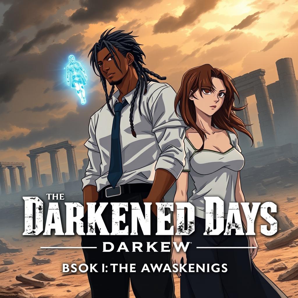 A cover for 'The Darkened Days: Book 1 – The Awakening' in anime style, featuring Mack, a rugged and lean mixed-race man in his 30s, with long locs partially covering his face, standing further in the distance against a massive-scale desolate landscape