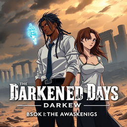 A cover for 'The Darkened Days: Book 1 – The Awakening' in anime style, featuring Mack, a rugged and lean mixed-race man in his 30s, with long locs partially covering his face, standing further in the distance against a massive-scale desolate landscape