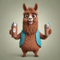 A brown cartoon llama holding an imperial mate and a thermos