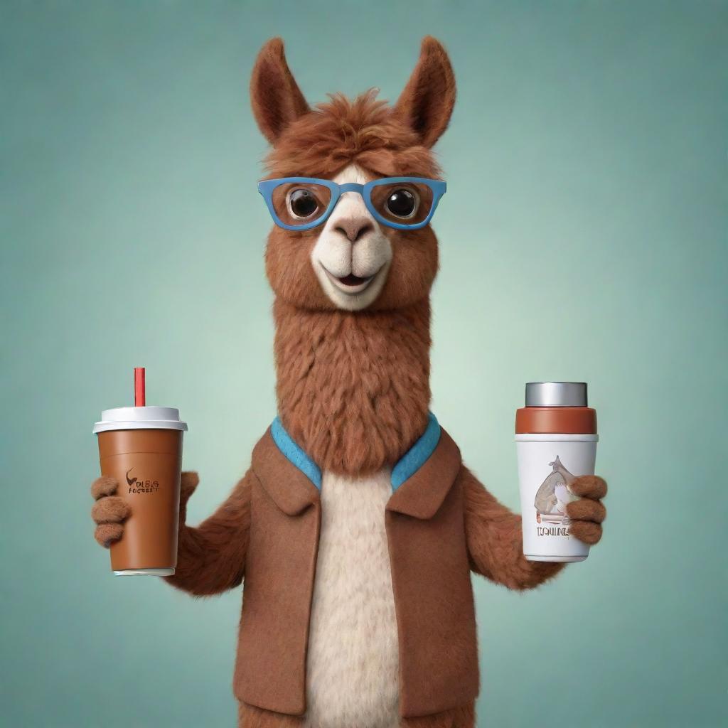 A brown cartoon llama holding an imperial mate and a thermos