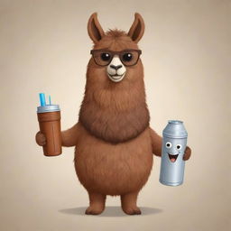 A brown cartoon llama holding an imperial mate and a thermos