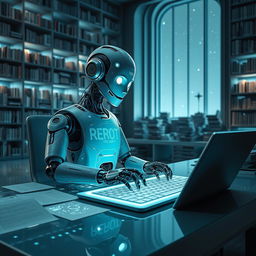 A surreal depiction of artificial intelligence writing, featuring a futuristic scene where a humanoid robot sits at a sleek, modern desk cluttered with glowing screens and digital papers