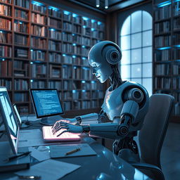 A surreal depiction of artificial intelligence writing, featuring a futuristic scene where a humanoid robot sits at a sleek, modern desk cluttered with glowing screens and digital papers