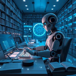 A surreal depiction of artificial intelligence writing, featuring a futuristic scene where a humanoid robot sits at a sleek, modern desk cluttered with glowing screens and digital papers