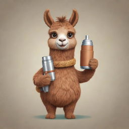 A brown cartoon llama holding a mate and a thermos