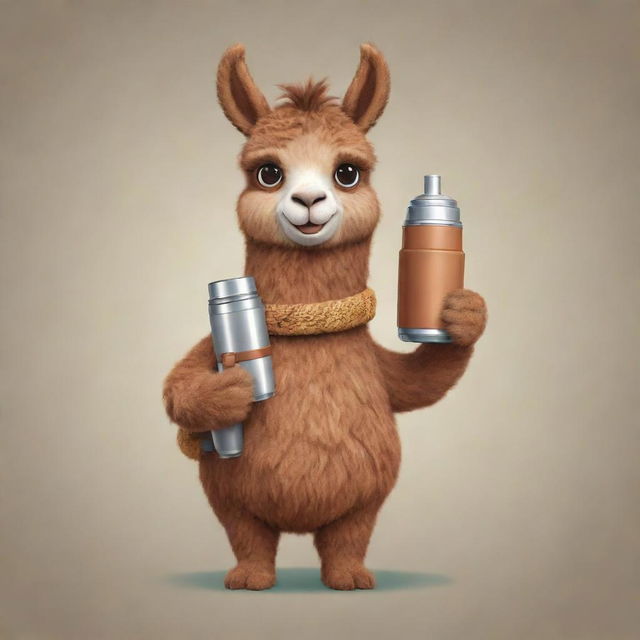 A brown cartoon llama holding a mate and a thermos