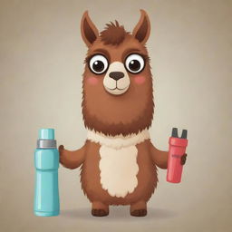 A brown cartoon llama holding a mate and a thermos