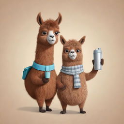 A brown cartoon llama holding a mate and a thermos