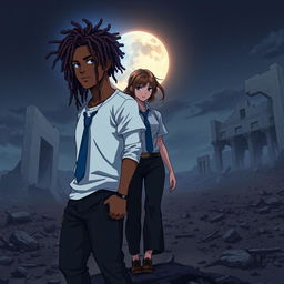 A cover for 'The Darkened Days: Book 1 – The Awakening' in anime style, depicting a small yet determined Mack, a mixed-race man in his 30s with loads of locs covering most of his face