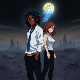 A cover for 'The Darkened Days: Book 1 – The Awakening' in anime style, depicting a small yet determined Mack, a mixed-race man in his 30s with loads of locs covering most of his face