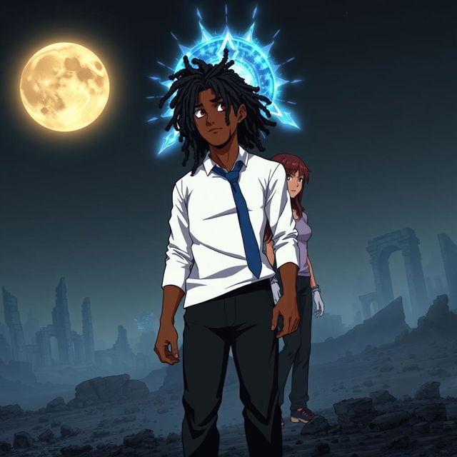 A cover for 'The Darkened Days: Book 1 – The Awakening' in anime style, depicting a small yet determined Mack, a mixed-race man in his 30s with loads of locs covering most of his face