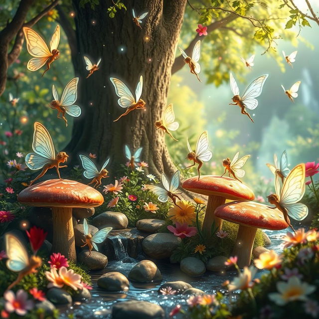 A magical forest scene filled with enchanting fairies, each with delicate, translucent wings shimmering in various shades of pastel colors