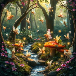 A magical forest scene filled with enchanting fairies, each with delicate, translucent wings shimmering in various shades of pastel colors