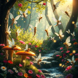 A magical forest scene filled with enchanting fairies, each with delicate, translucent wings shimmering in various shades of pastel colors