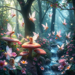 A magical forest scene filled with enchanting fairies, each with delicate, translucent wings shimmering in various shades of pastel colors