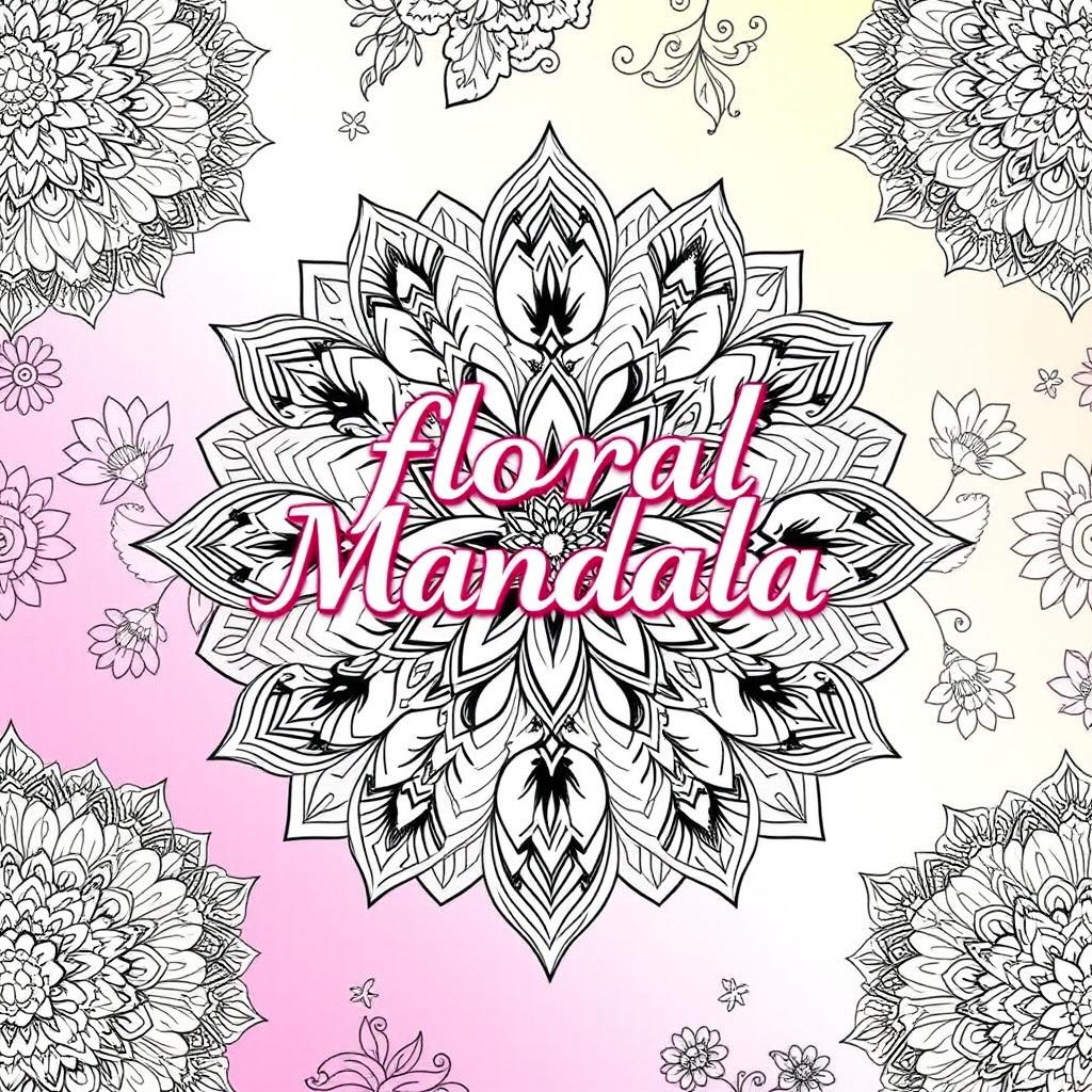 An artistic cover design for a 'Floral Mandala Coloring Book for Adults', showcasing a mesmerizing collection of intricate mandala patterns intertwined with delicate floral designs