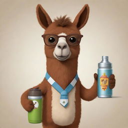 A brown cartoon llama holding a Uruguayan imperial mate and a thermos