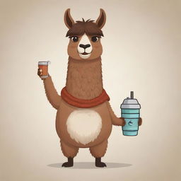 A brown cartoon llama holding a Uruguayan imperial mate and a thermos