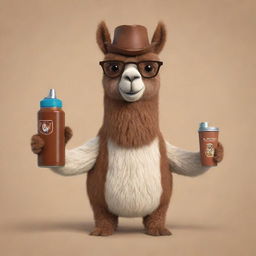 A brown cartoon llama holding a Uruguayan imperial mate and a thermos