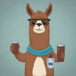 A brown cartoon llama holding a Uruguayan imperial mate and a thermos