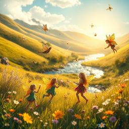 A whimsical landscape showcasing playful sprites, each with small, colorful wings and vibrant outfits made of leaves and flower petals