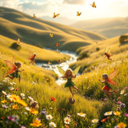 A whimsical landscape showcasing playful sprites, each with small, colorful wings and vibrant outfits made of leaves and flower petals