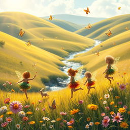 A whimsical landscape showcasing playful sprites, each with small, colorful wings and vibrant outfits made of leaves and flower petals