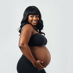 A 32-year-old black woman with a beautifully voluptuous body, featuring stunning hair with bangs