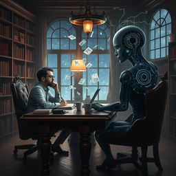 A surreal and imaginative scene depicting the collaboration between an AI writer and a human author