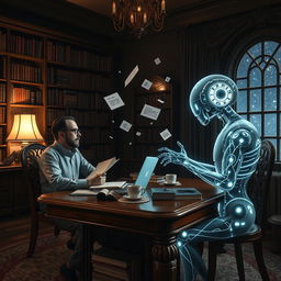 A surreal and imaginative scene depicting the collaboration between an AI writer and a human author